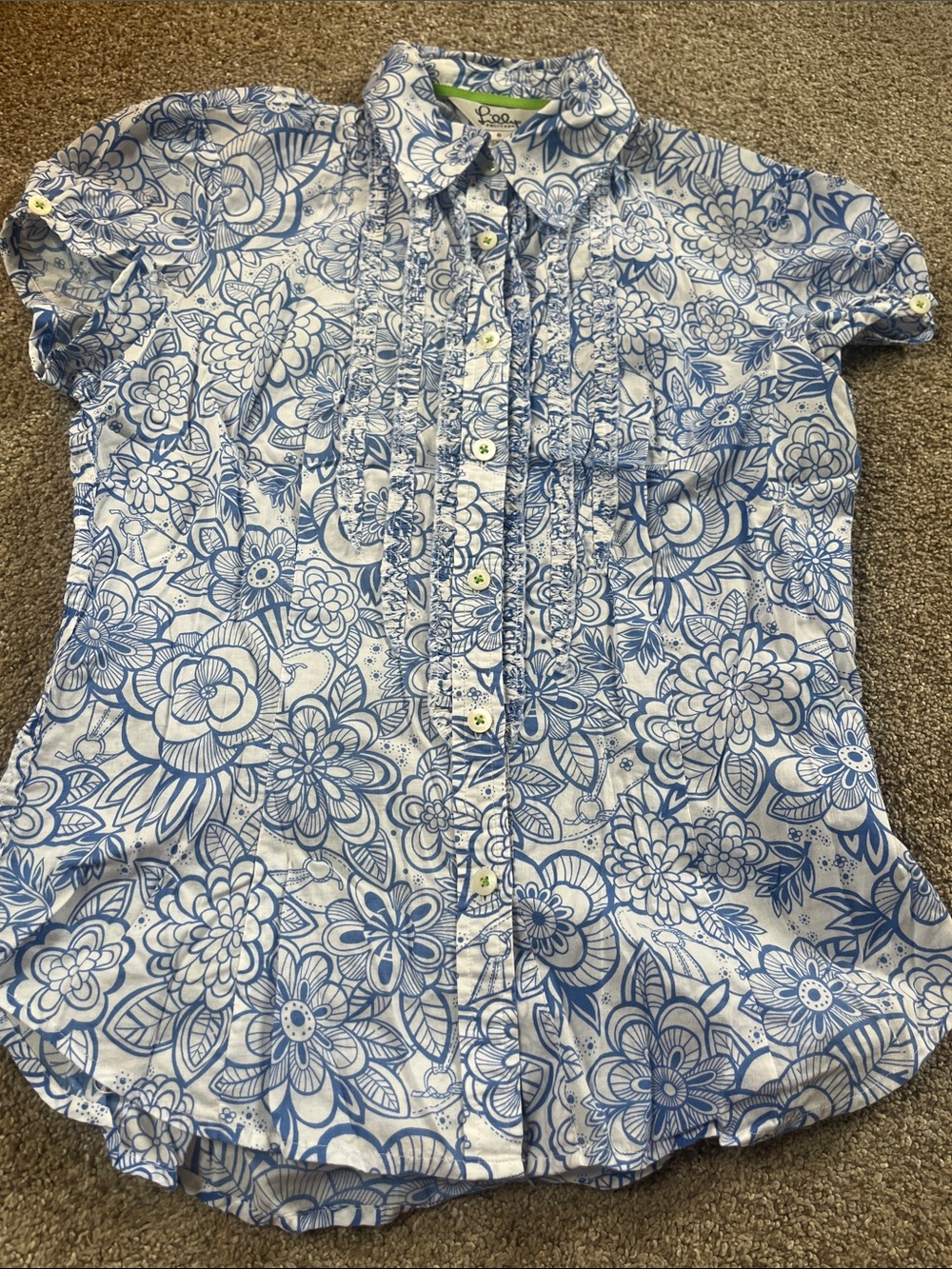 Vintage Lilly Pulitzer sz6 Blue White Floral Round Hem Cap Sleeve Ruffle Blouse